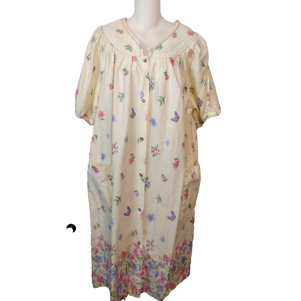 Coffee Time House Dress Duster Robe MuuMuu Yellow Floral Cotton Midi Pockets 1X - Picture 3 of 13